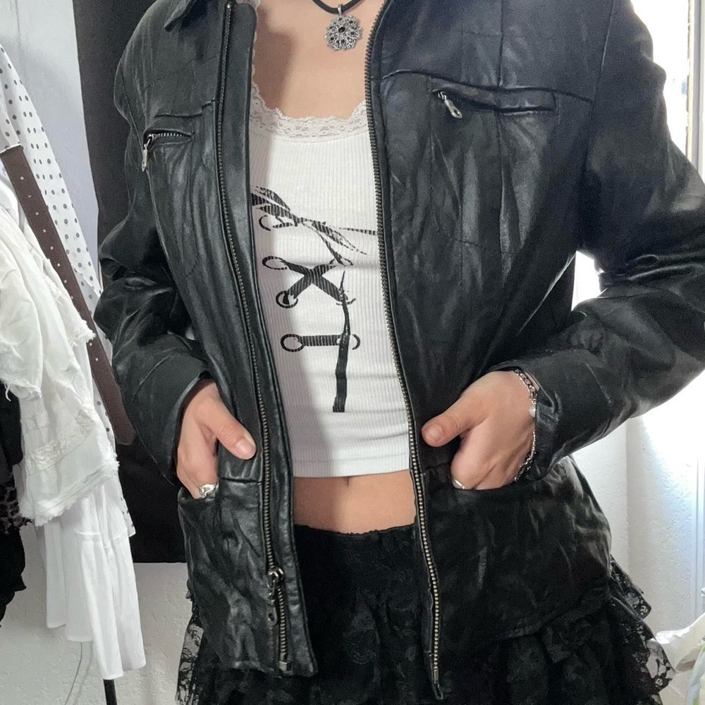 Alfani Black Leather Motorcycle Jacket with Zippered Front